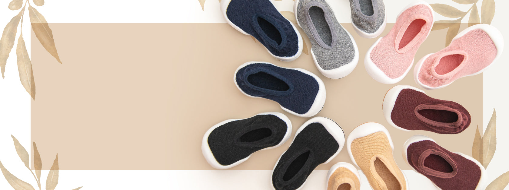 Set of colorful Komuello sock shoes arranged in a circular pattern on a light background