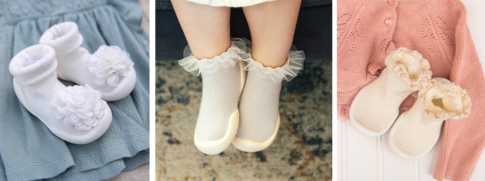 Lifestyle image of Komuello baby sock shoes – close-up details and toddler wearing cream shoes with lace trim, plus white floral and beige ruffle styles shown with outfits.