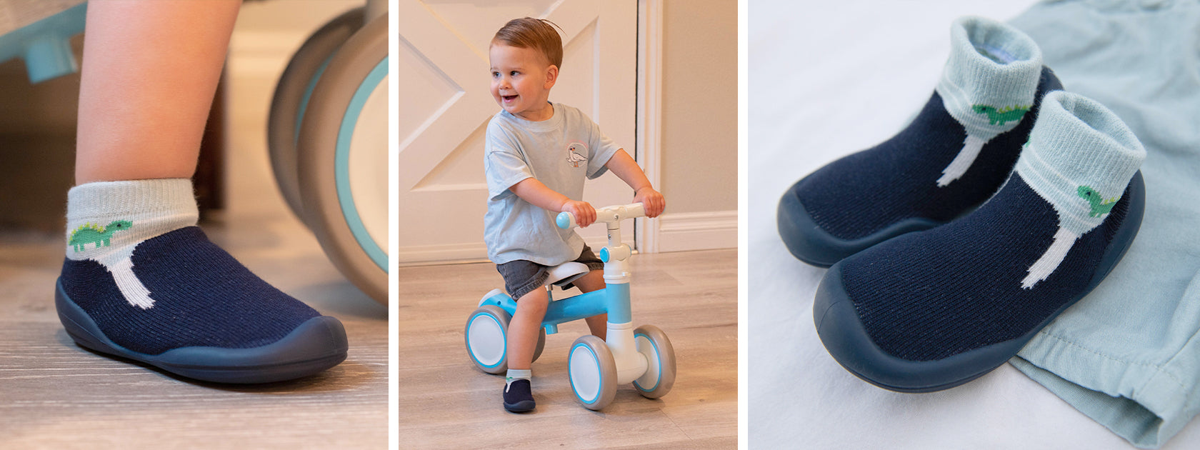 Lifestyle image of Komuello Navy Dash toddler shoes – close-up details and child wearing them during active play.