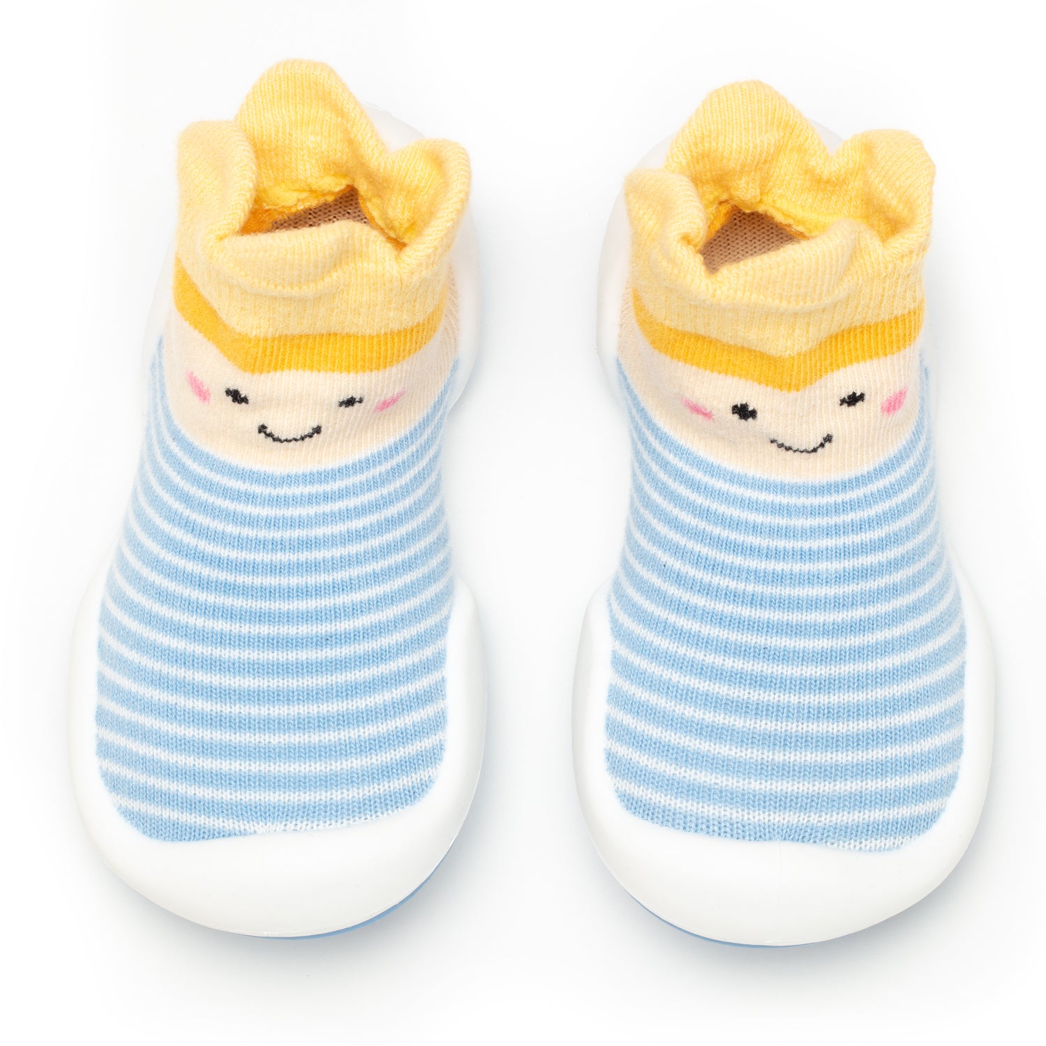 Two baby sock shoes with stripes and a smiling face.