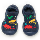 Pair of navy blue sock shoes with dinosaur pattern.