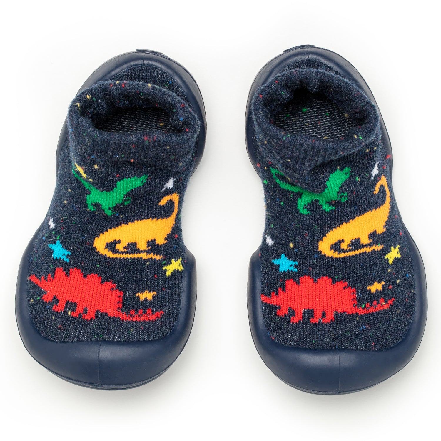 Pair of navy blue sock shoes with dinosaur pattern.