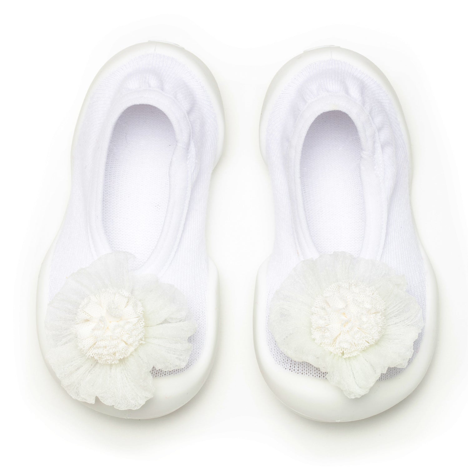 Pair of white baby socks with flower embellishments.