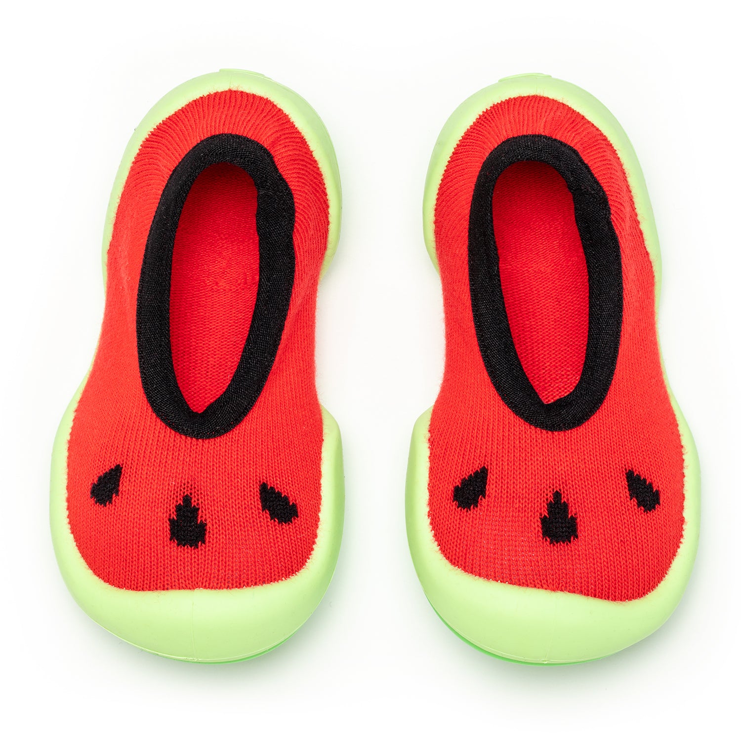 Pair of watermelon-themed baby shoes.