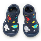 Two navy blue baby slipper socks with space-themed patterns.