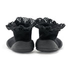 Two black baby slipper-socks with lace trim.