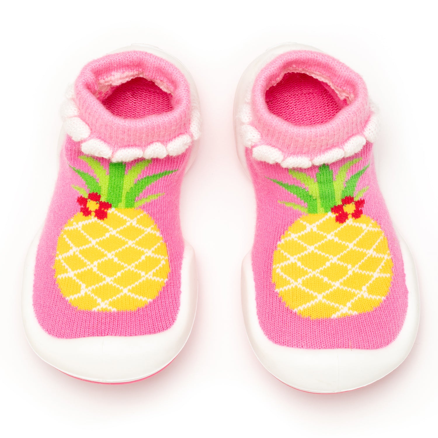 Pink baby socks with pineapple design.