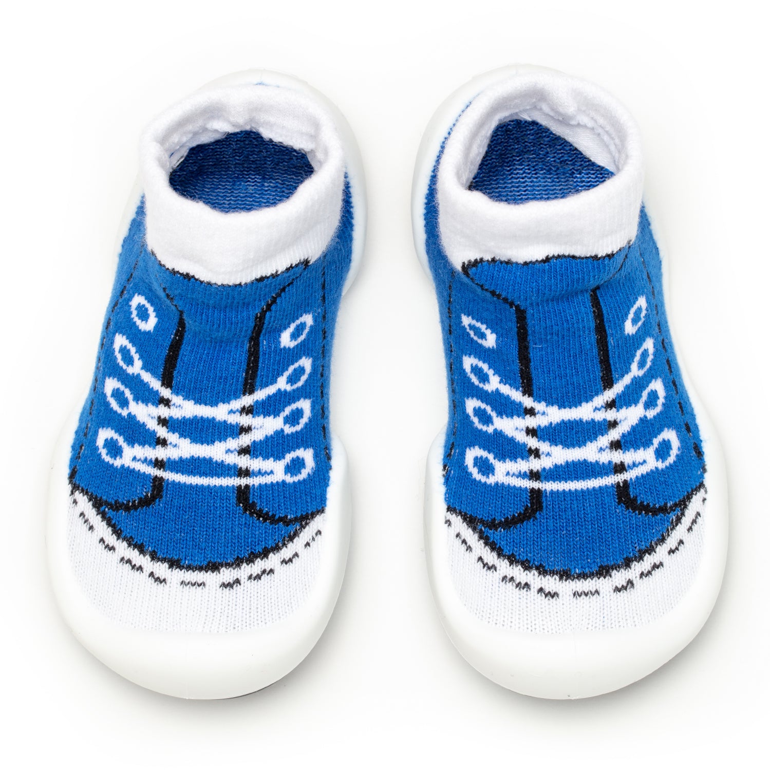 Two blue and white baby sock-shoes on a white background.