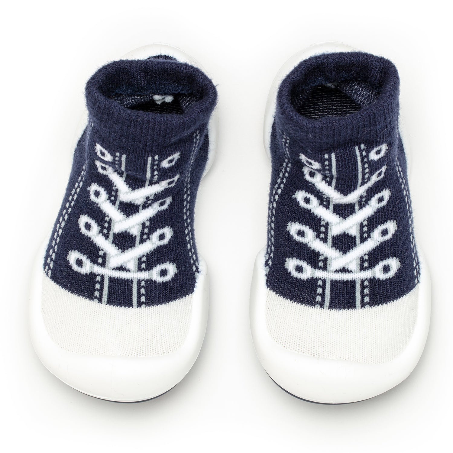 A pair of blue and white baby sock shoes.