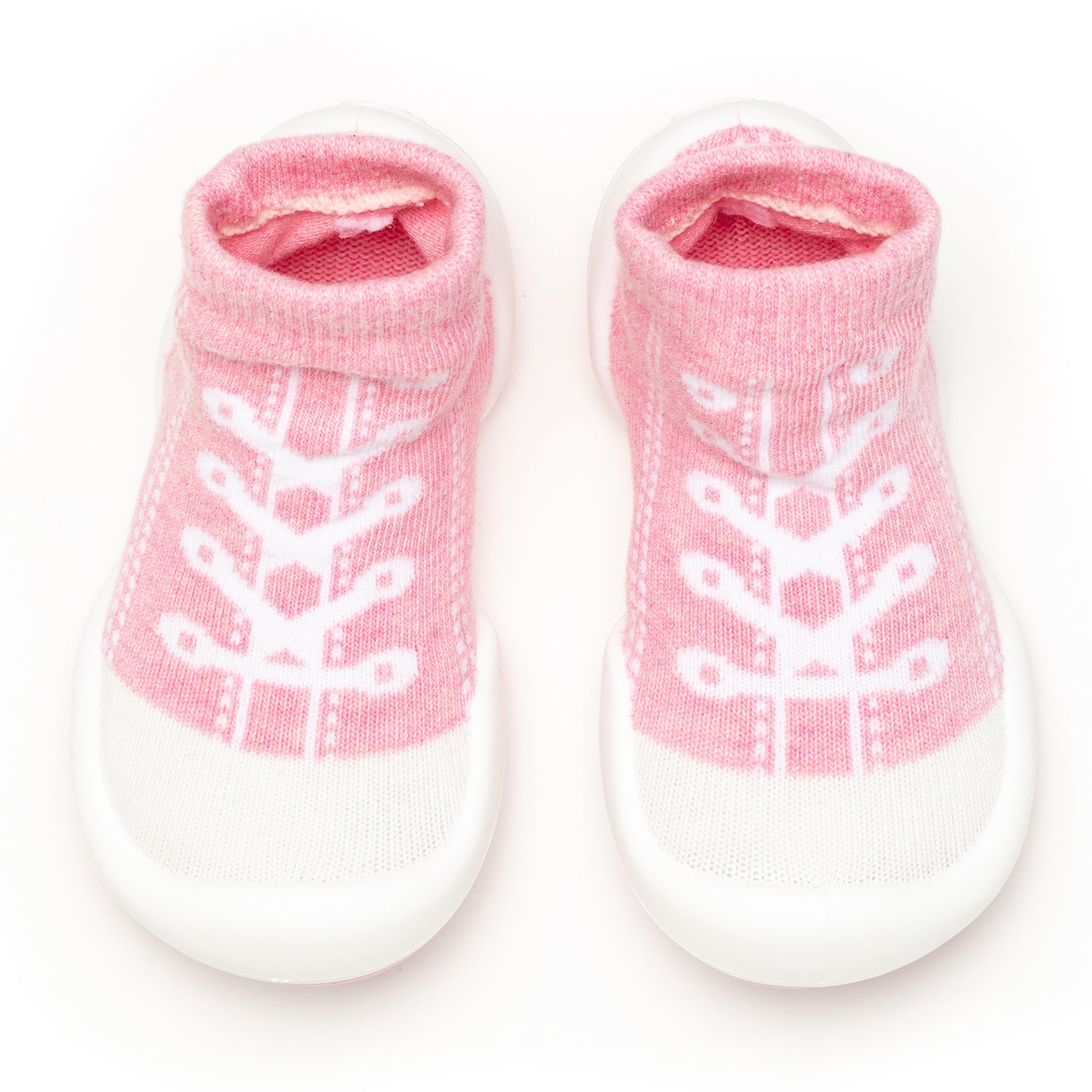 Pair of pink and white baby sock shoes.