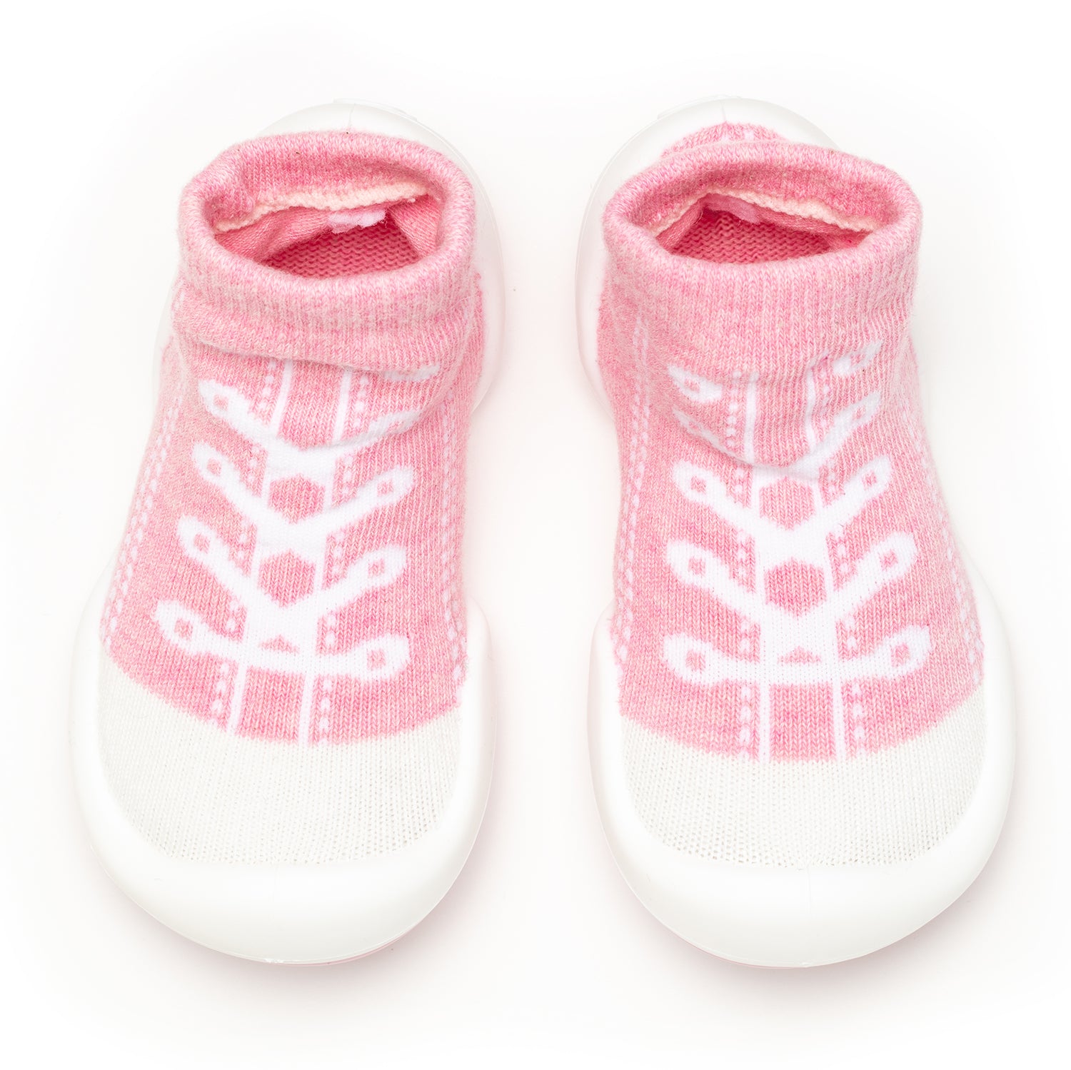 Pair of pink and white baby sock shoes.