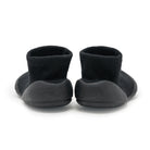 Two black baby shoe-socks, rear view.