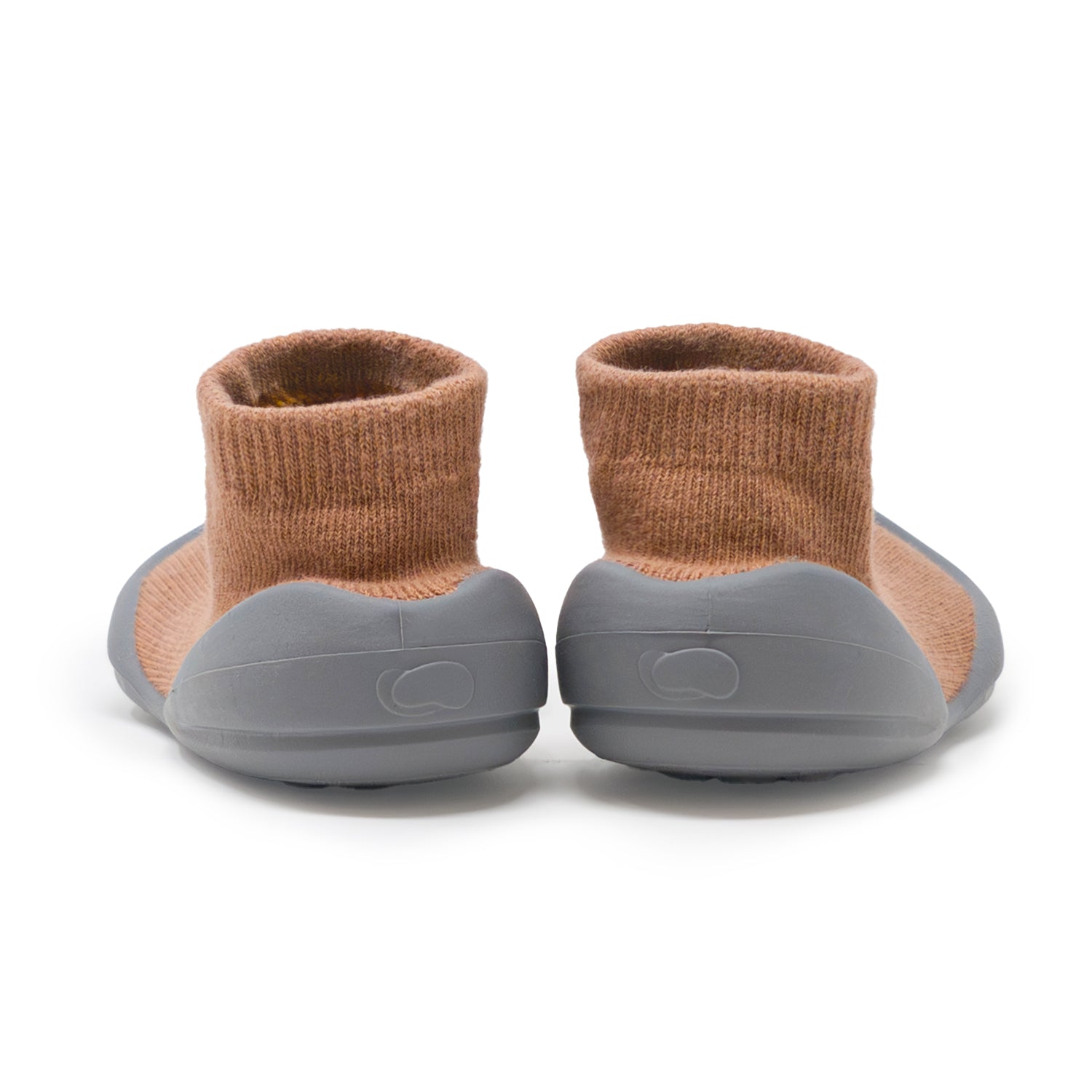 Pair of baby shoes, brown sock top, gray sole.