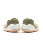 Two olive green and beige baby shoes, shot from the back.