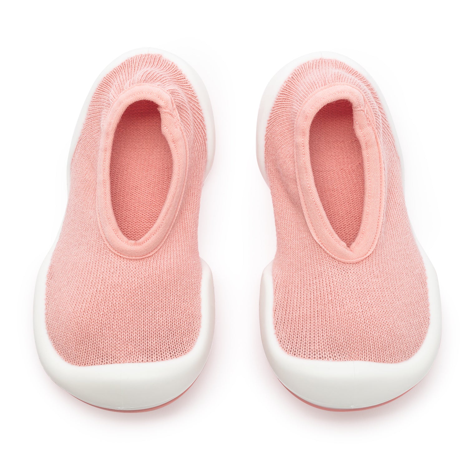 Two pink sock-shoes with white soles.