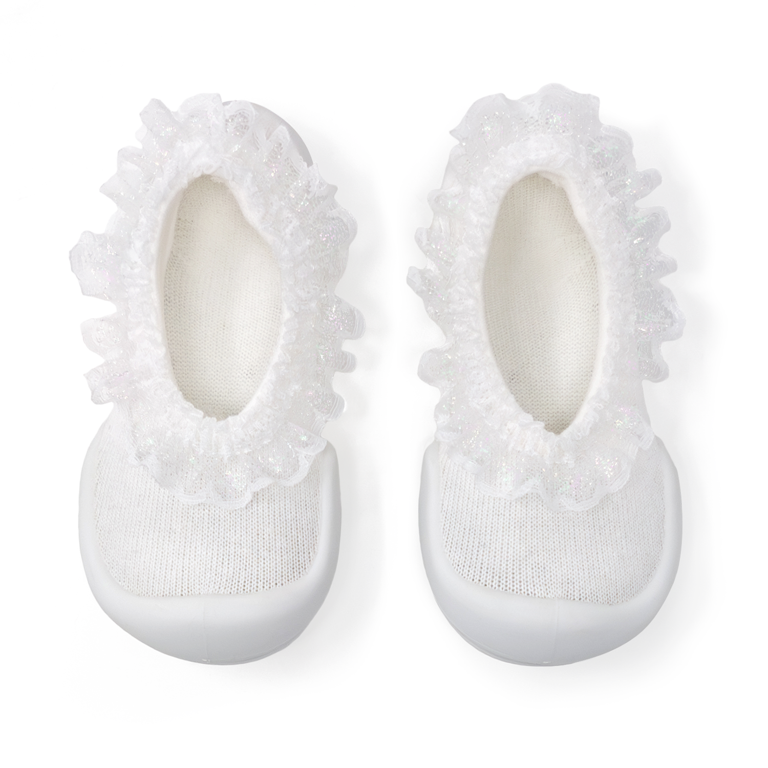 Two white baby booties with lacy ruffle trim.