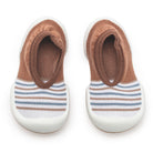 Pair of striped brown and white sock shoes.
