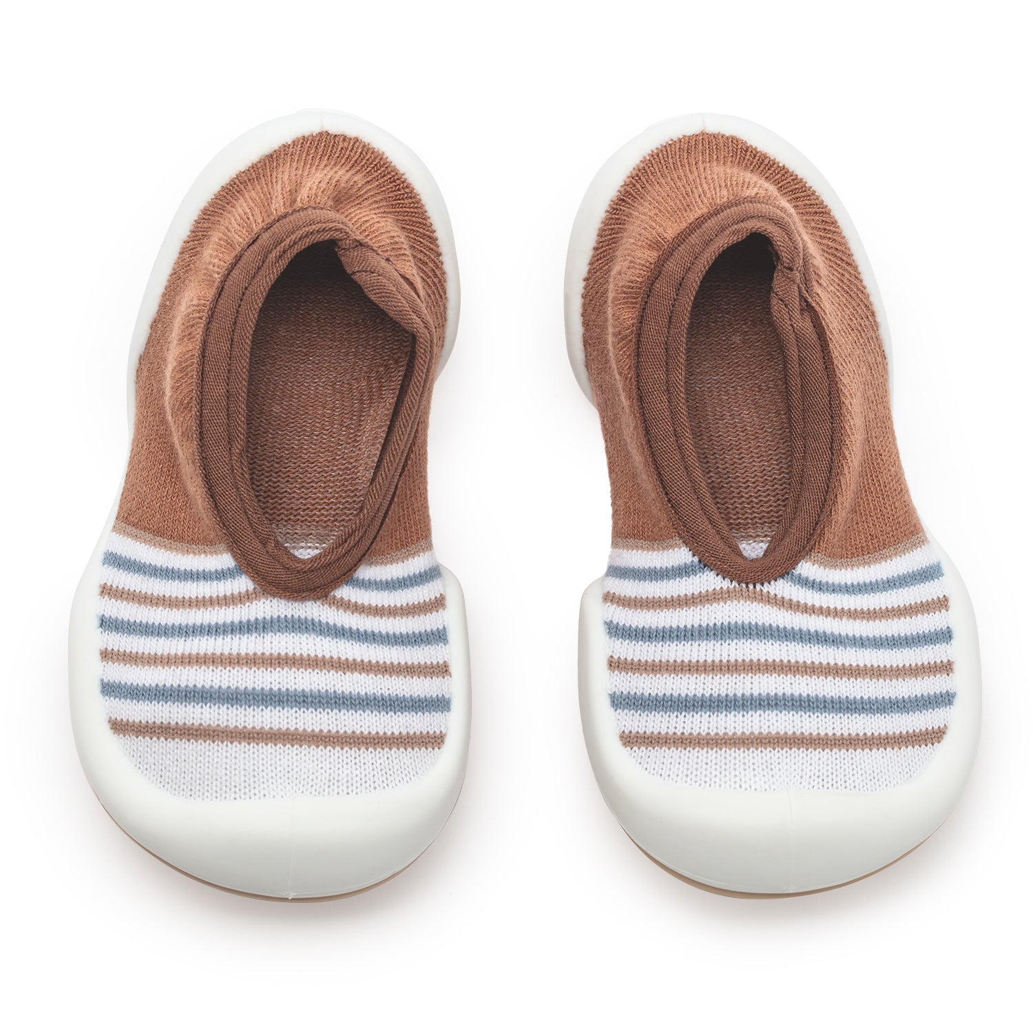 Pair of striped brown and white sock shoes.