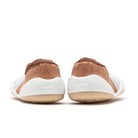 Back view of two baby shoes, brown and white.