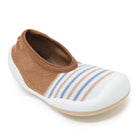 Brown and blue striped knit sock-like shoe with white sole.