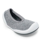 Grey, sock-like shoe with white sole.
