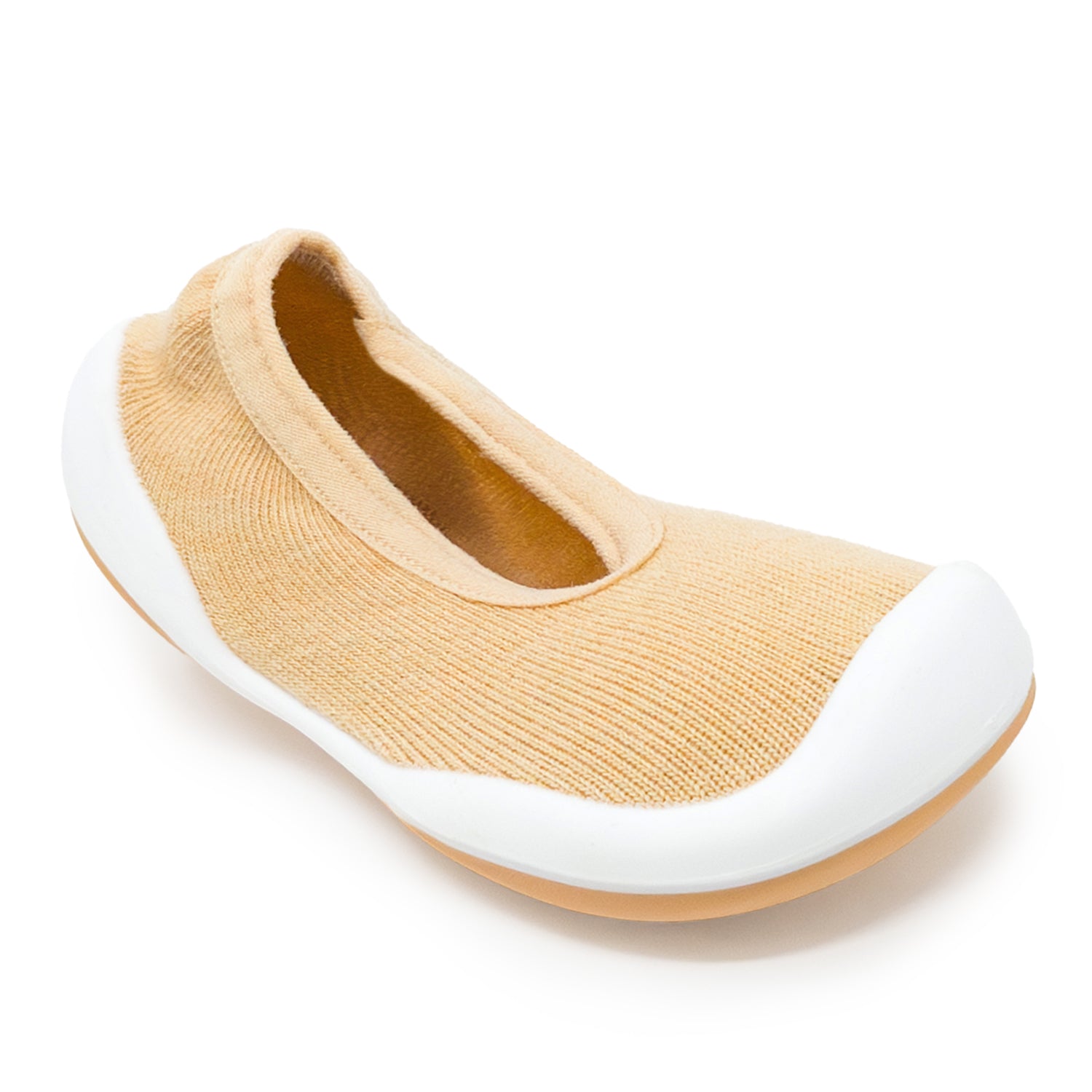 Beige knitted baby shoe with white rubber sole.