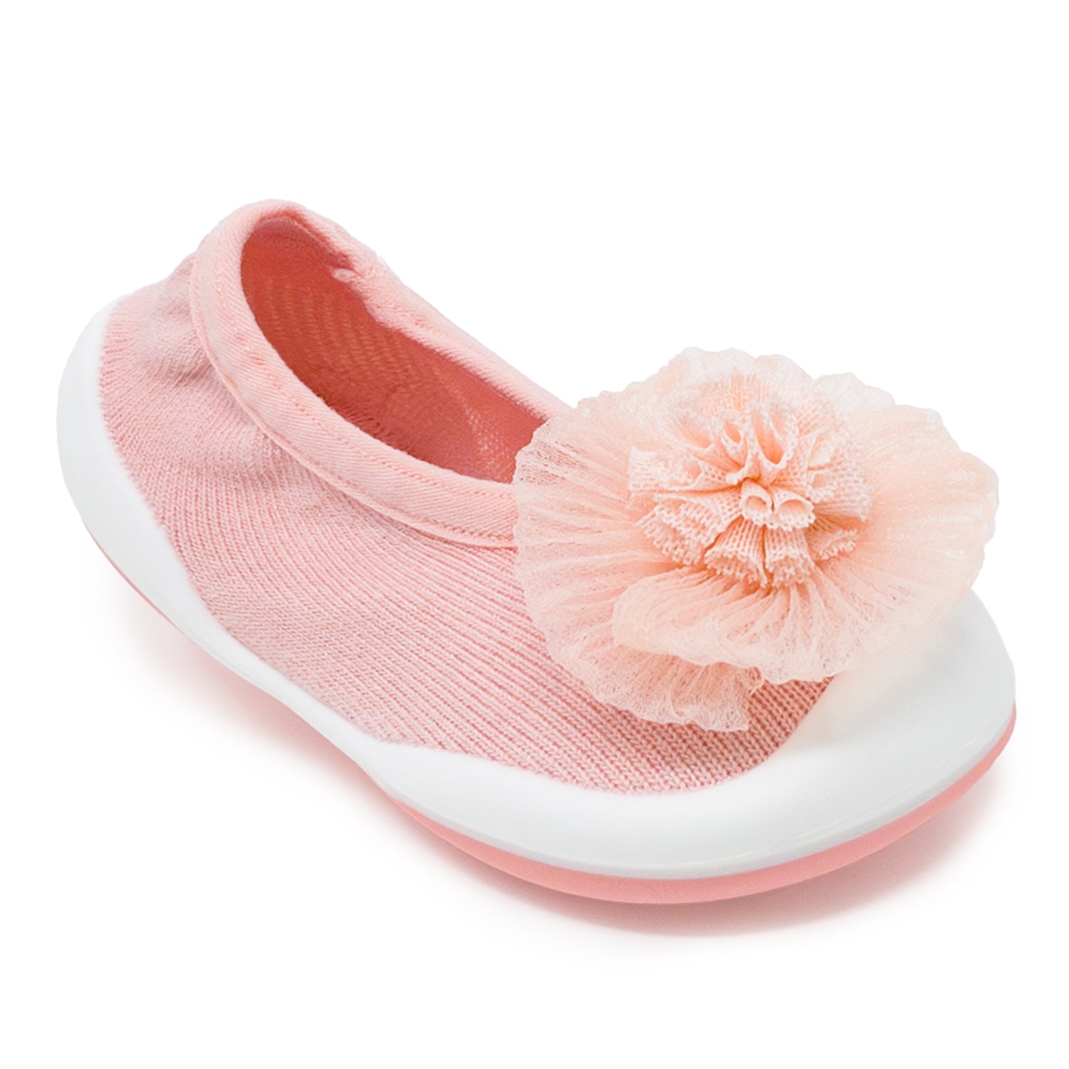 Pink knitted slipper-shoe with pink flower applique.