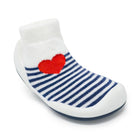 Children's slipper sock with stripes and a red heart.