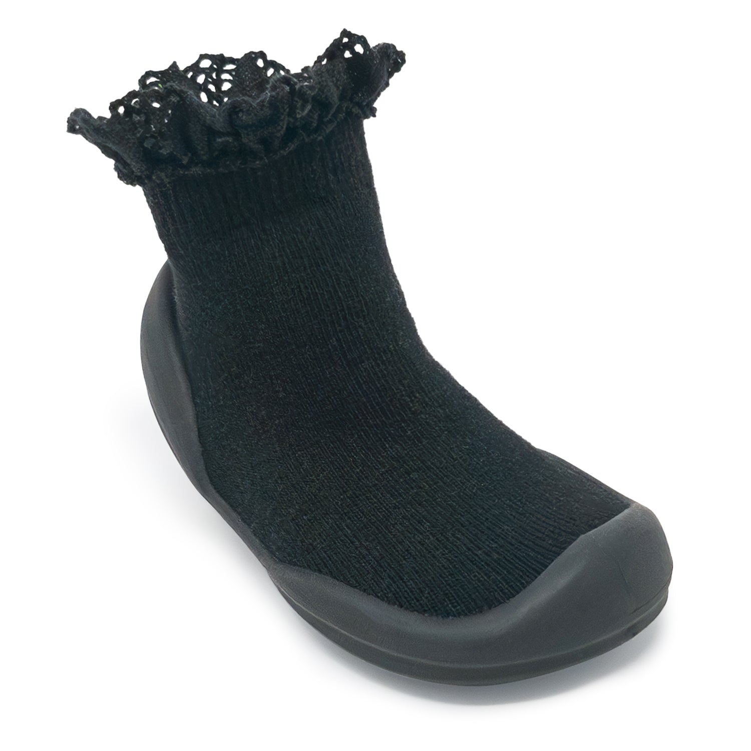 Black sock shoe with lace trim.