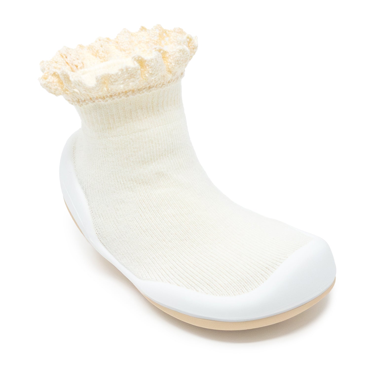 A white knitted sock-shoe with a frilly cuff.