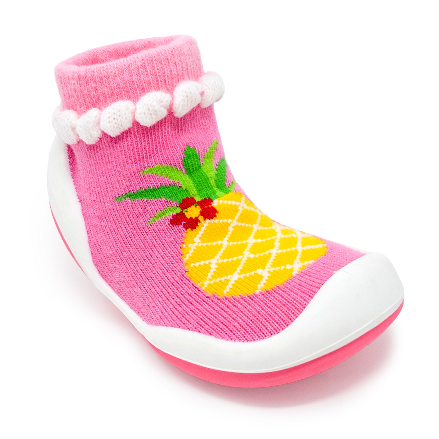 Pink baby sock shoe with pineapple design.