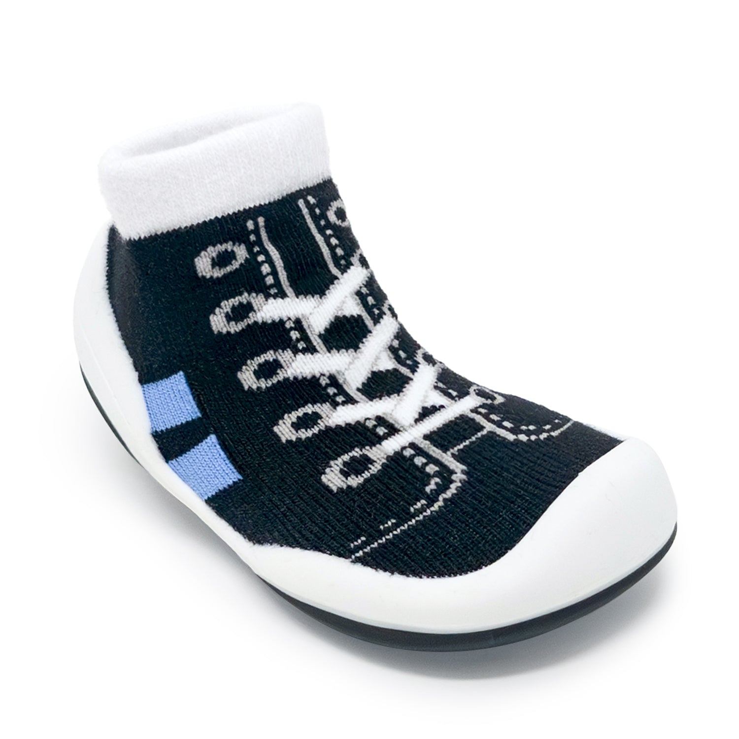 Black and white baby sock shoe with printed laces.