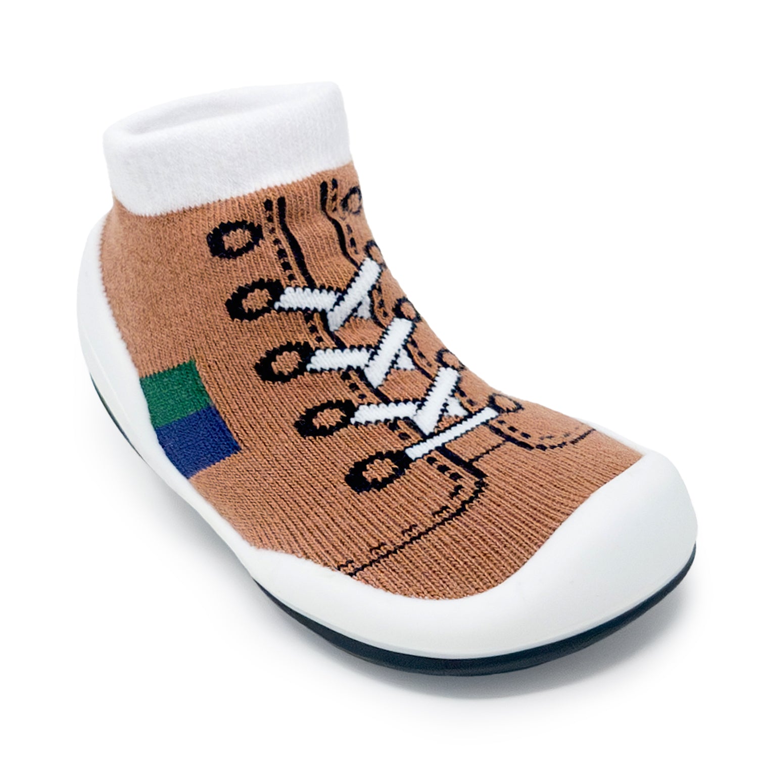 Brown sock shoe with white laces and sole.