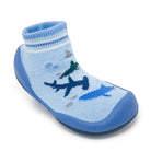 Blue sock shoe with shark pattern.