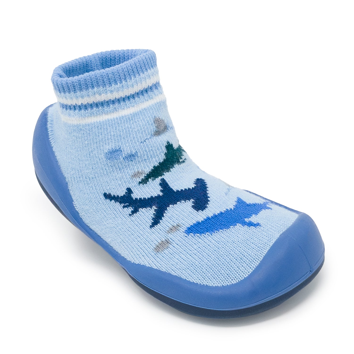 Blue sock shoe with shark pattern.