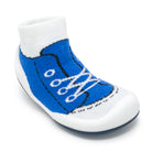 Blue and white baby sock shoe.