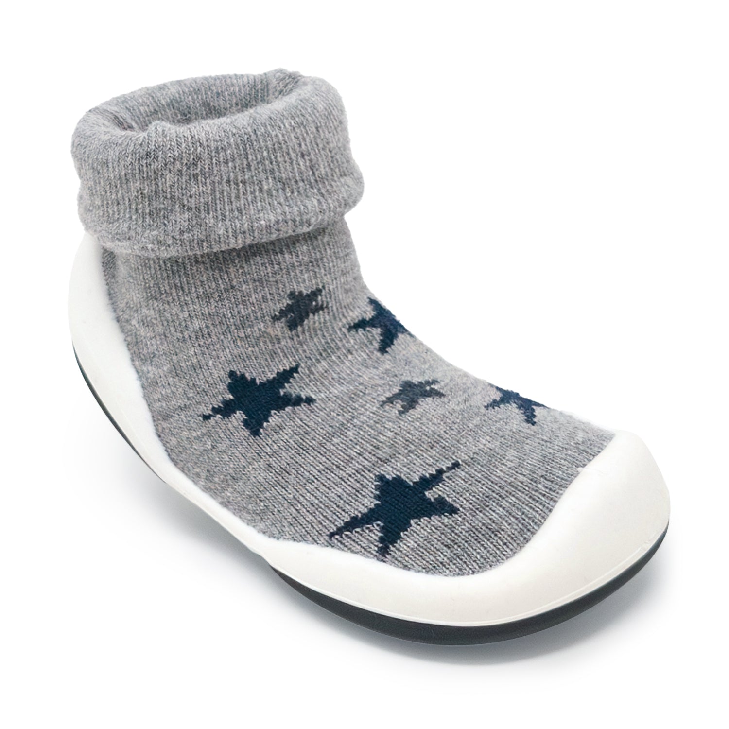 Gray sock-shoe with navy stars and white sole.