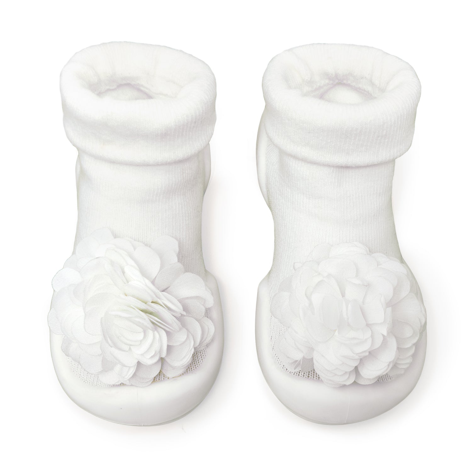 A pair of white baby socks with flower embellishments.