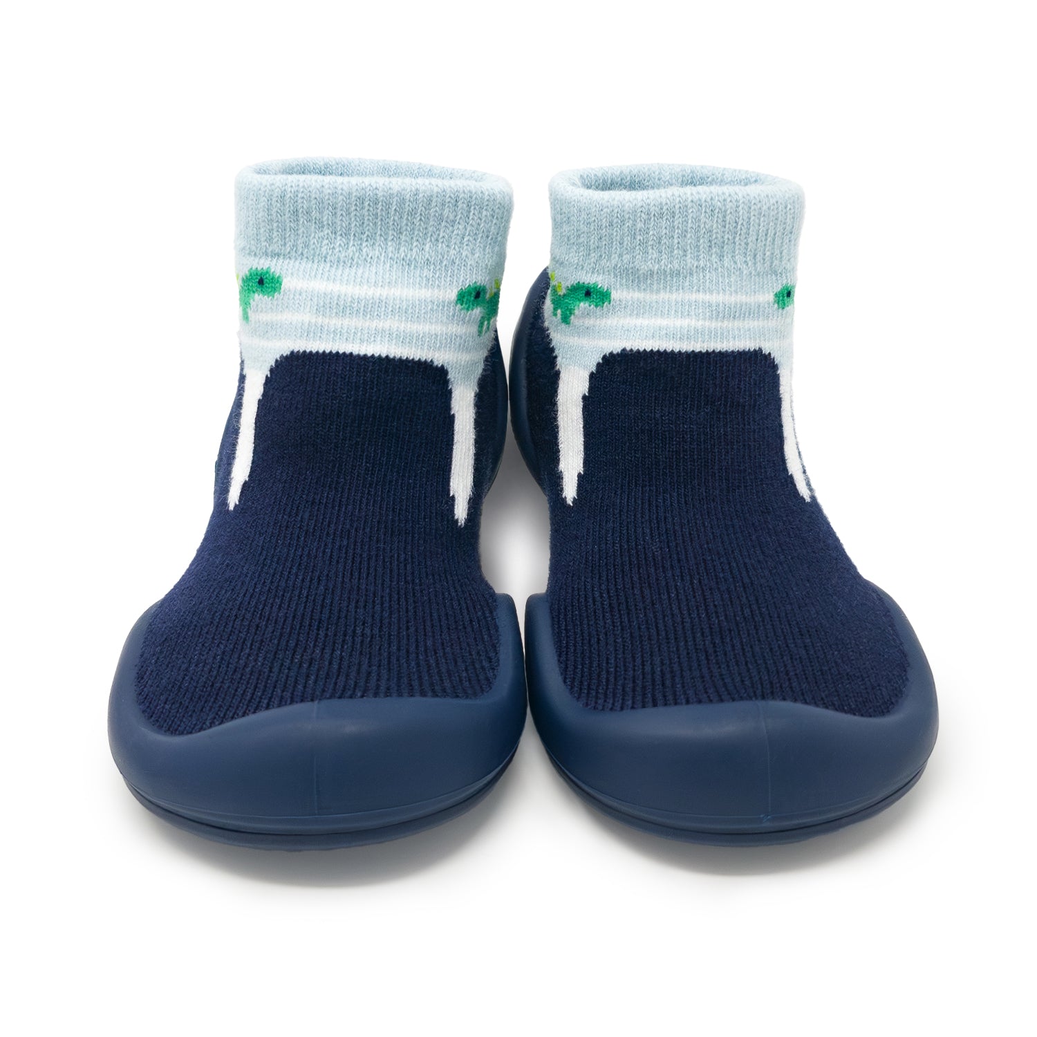A pair of blue sock shoes with a dinosaur pattern.