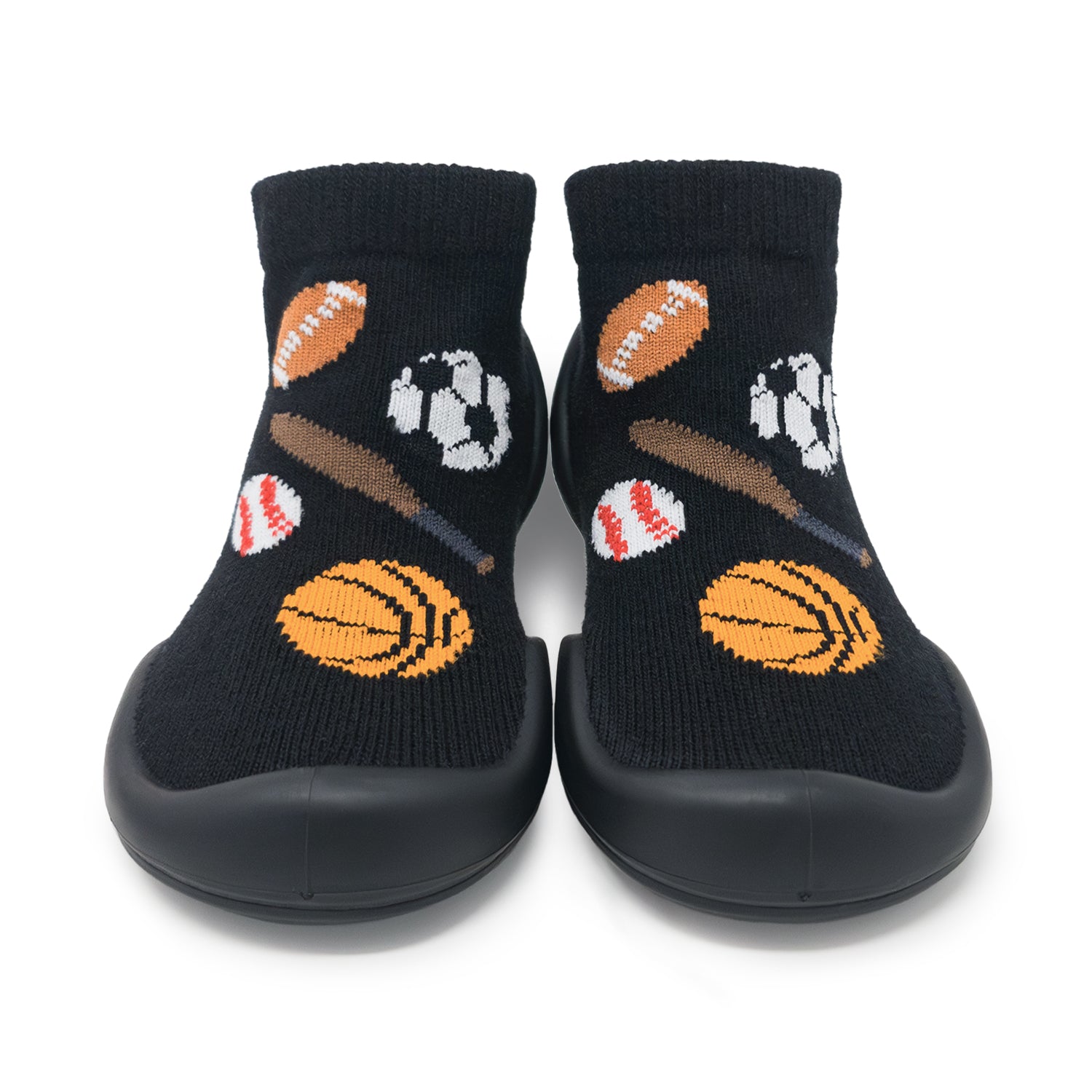 Pair of black toddler sock shoes with sports ball design.