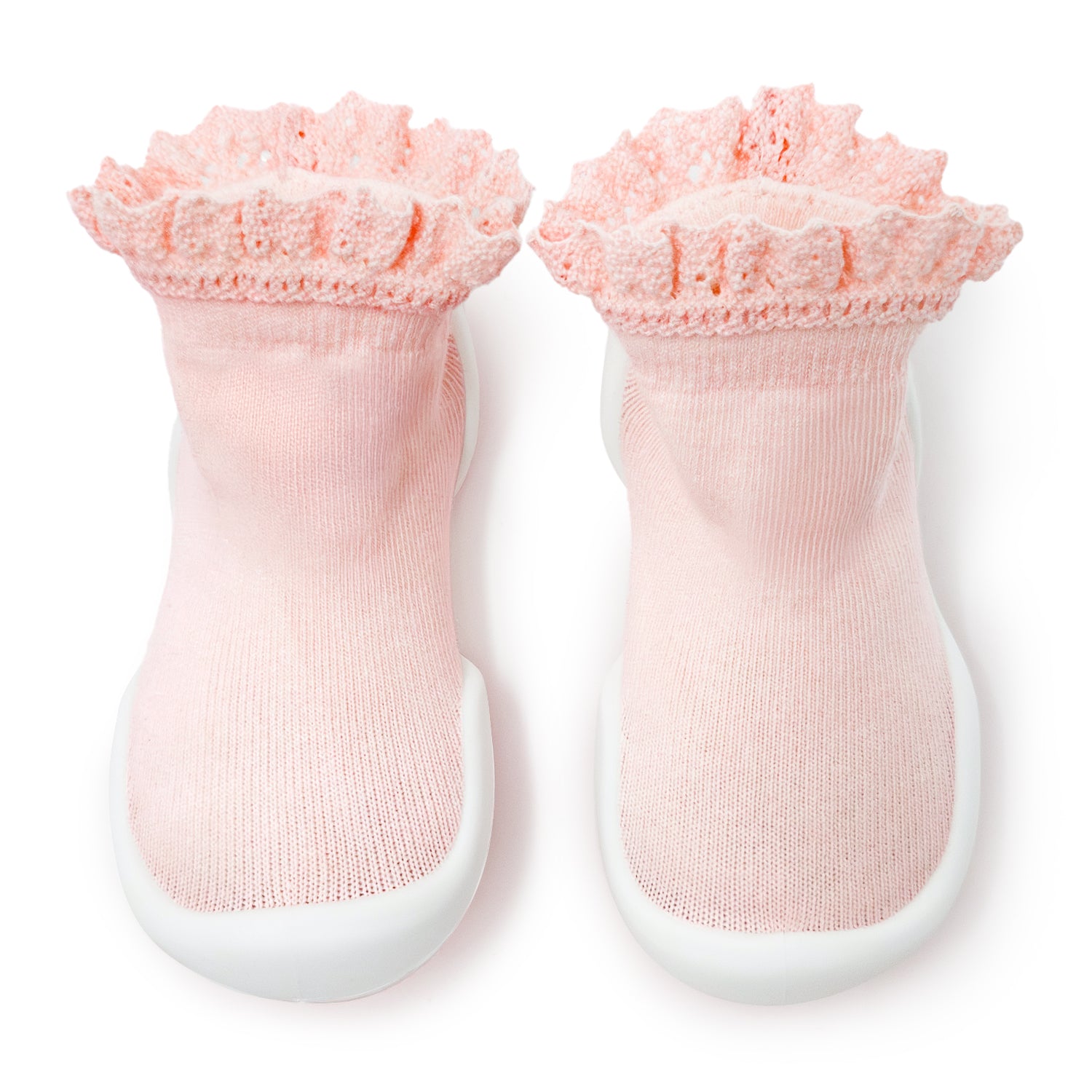 Pair of Lace Trim Baby Pink sock shoes with lace trim on a white background