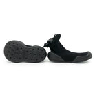 Two black sock shoes with lace trim on white background.