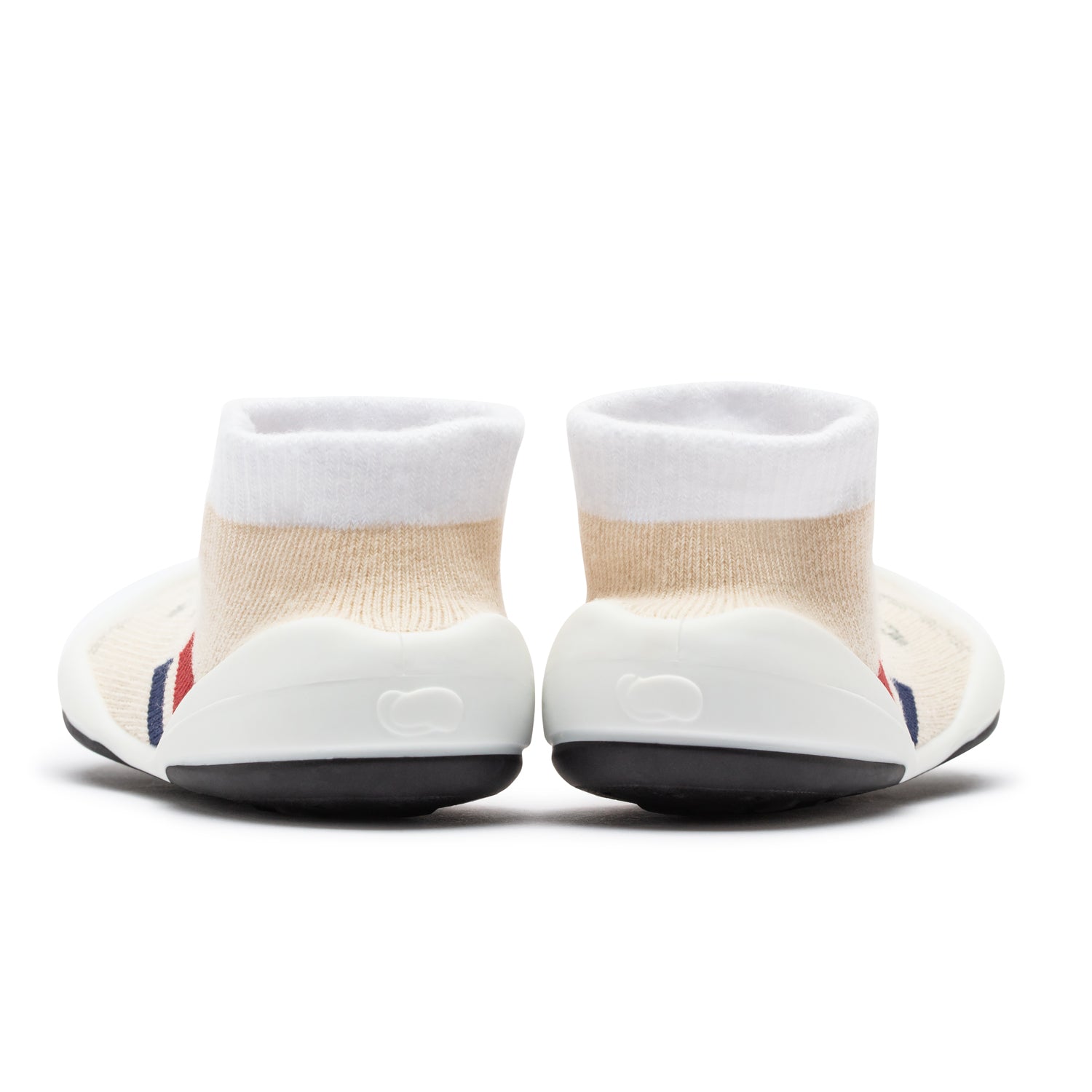 A pair of baby shoes, back view.