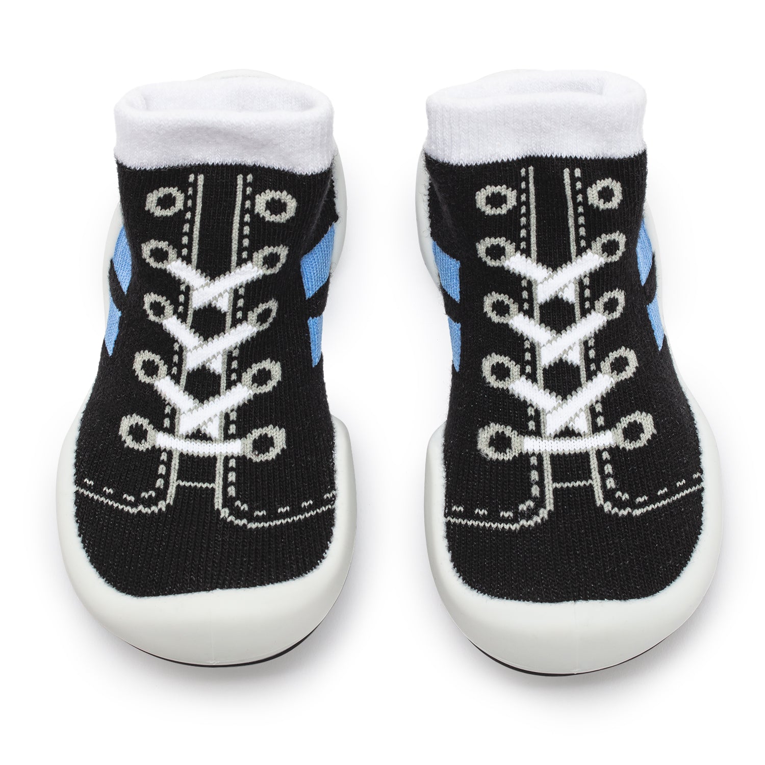 Two black and white baby sock-shoes.