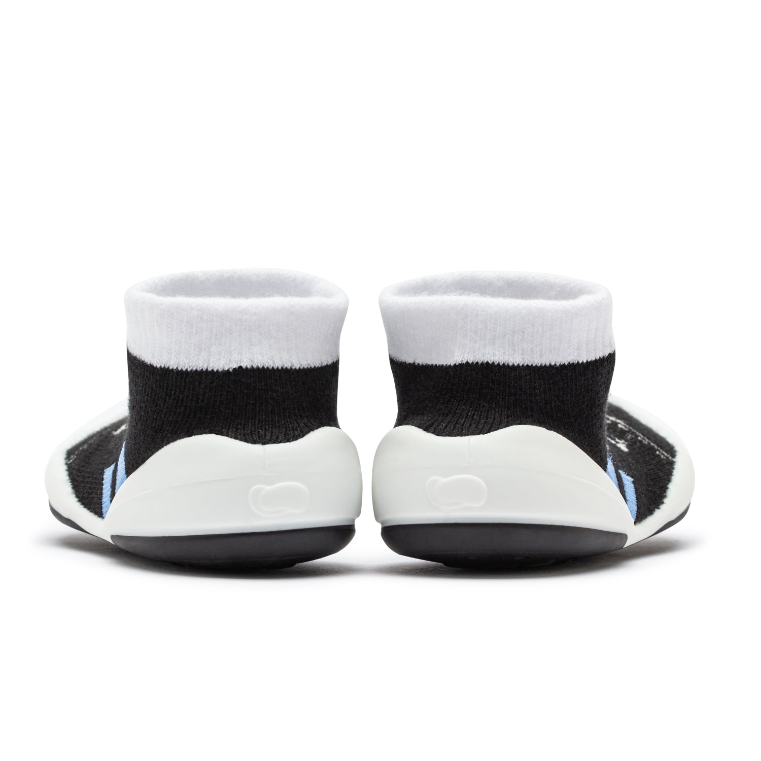 Rear view of baby socks with white, black, and blue accents.