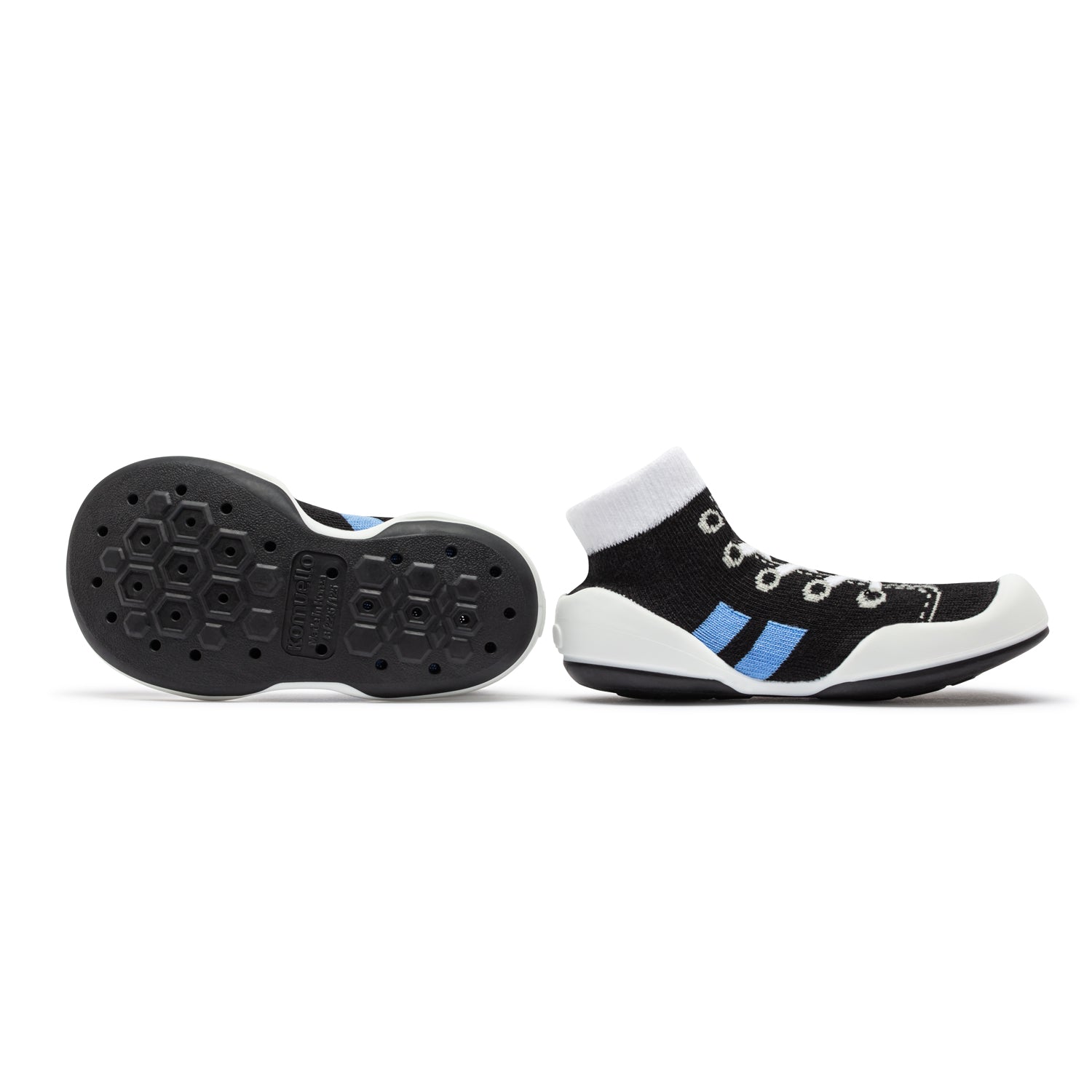 A pair of black and white baby sock shoes with blue accents.