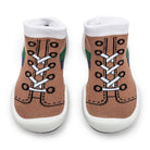 Pair of brown and white baby sock shoes.