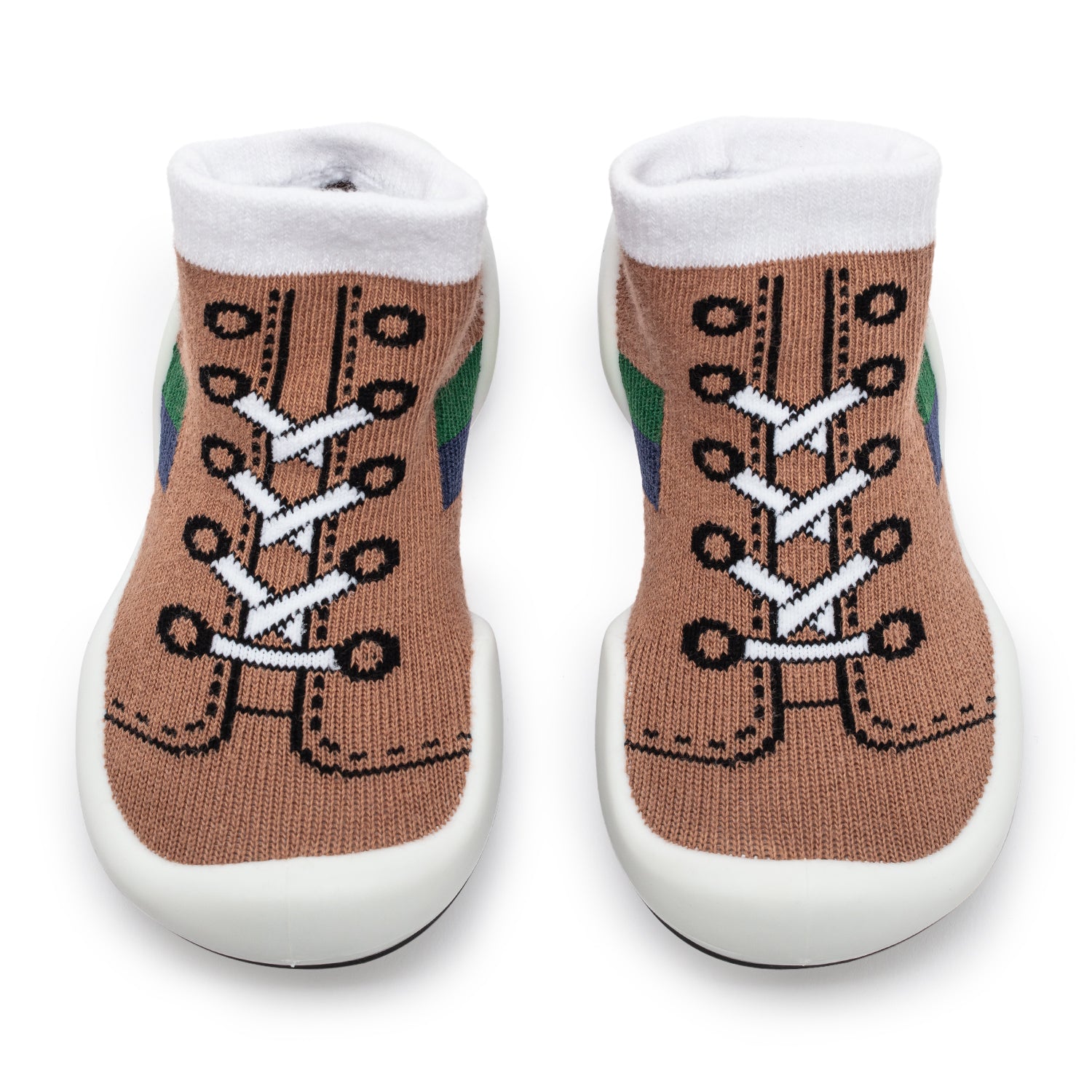 Pair of brown and white baby sock shoes.