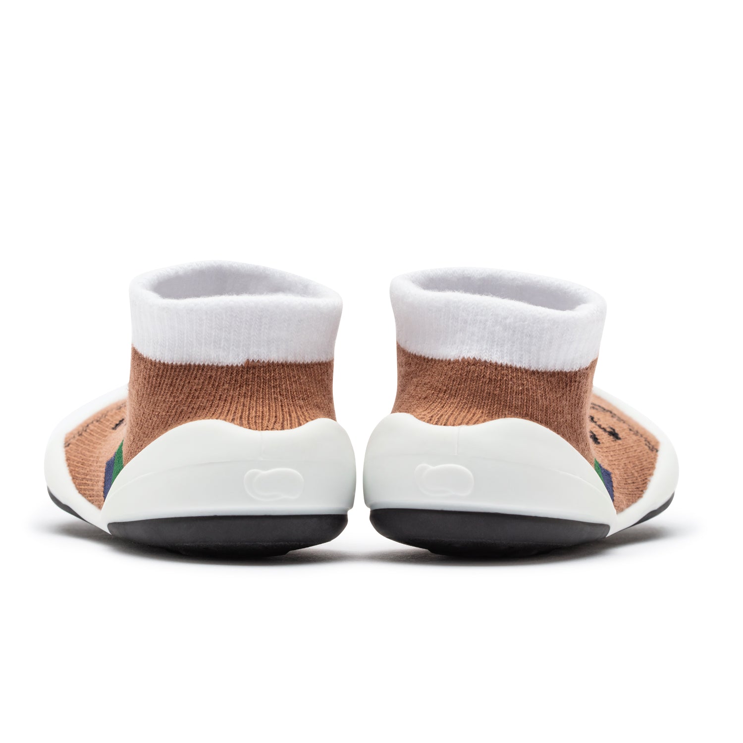 Pair of baby socks with brown knit, white tops, and white and black soles.
