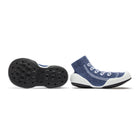 Two blue, knitted shoes on a white background. One shows the sole, the other is in profile.
